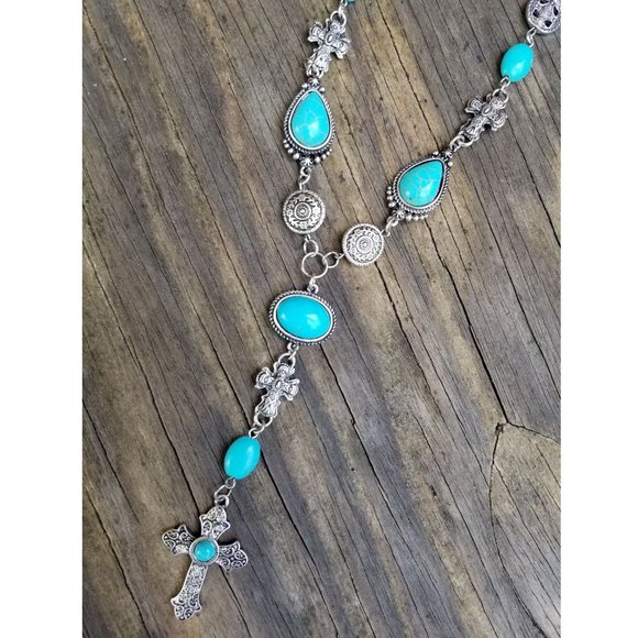 Artisan Hand Crafted Necklace Earrings Set Rosary Cross Turquoise Silver Beaded - Picture 2 of 7